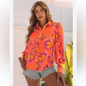 Vibrant Retro Floral Button-Down Blouse in Orange & Purple Size Large